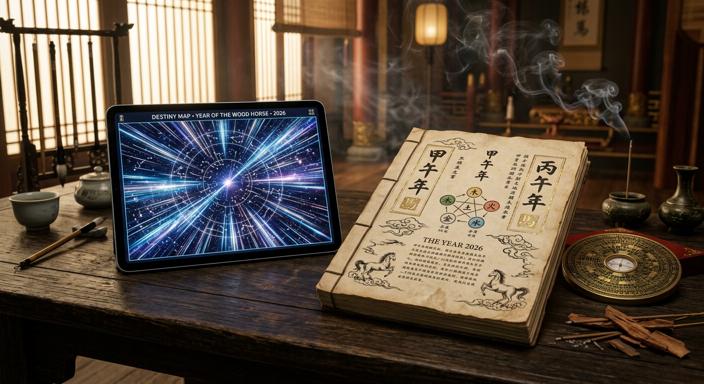 A hyper-realistic, cinematic wide shot featuring a traditional Chinese wooden desk holding two distinct physical manifests of destiny for the year 2026. On the 