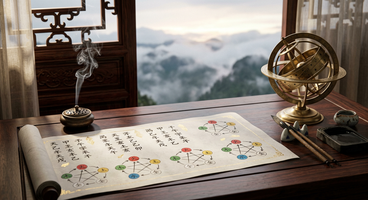 A hyper-realistic, cinematic wide-angle shot of a traditional Chinese wooden desk featuring an open, handcrafted Xuan paper scroll displaying intricate BaZi des