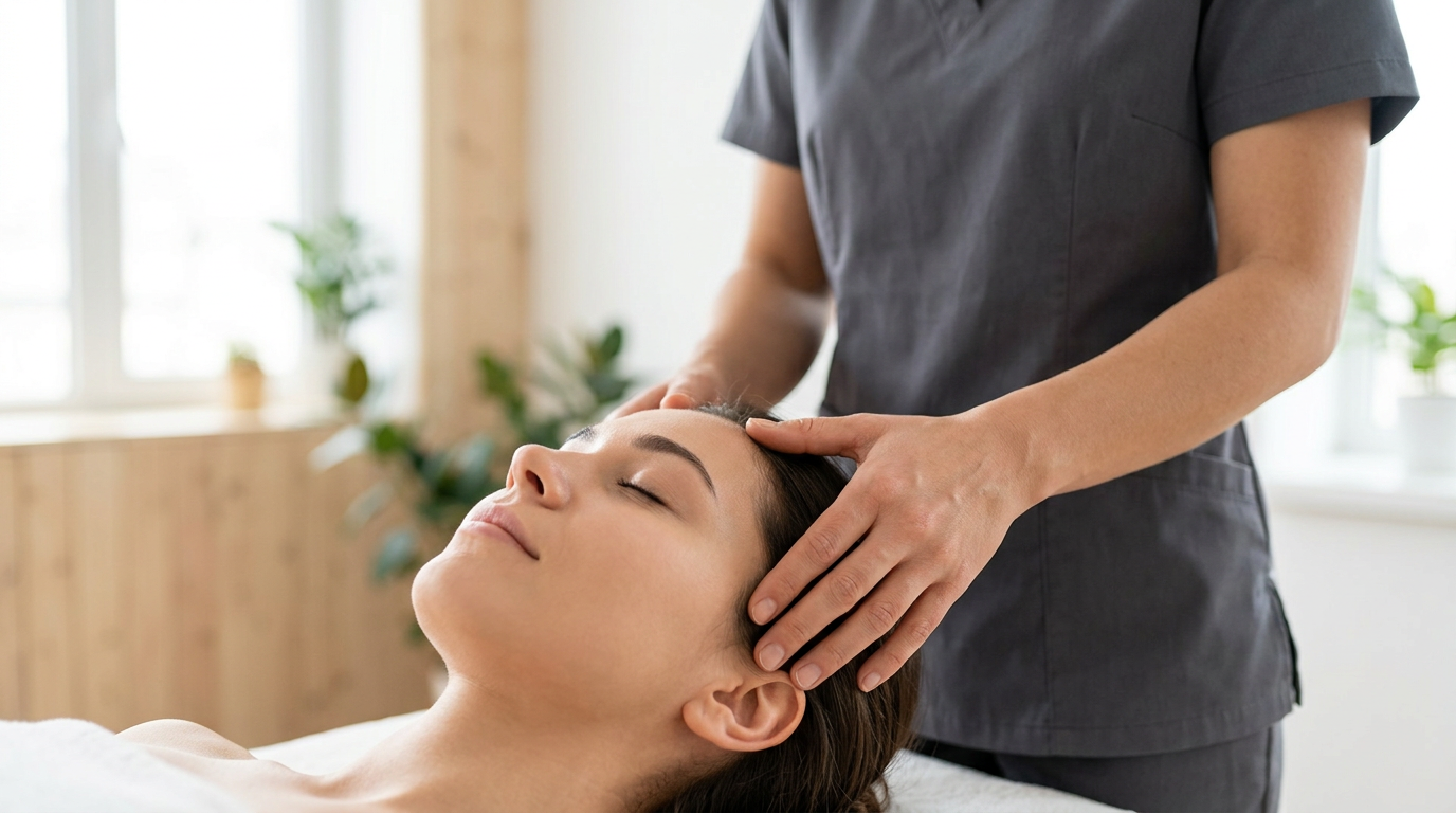 Professional blog cover image for "massage cranien chinois". Modern, clean design.