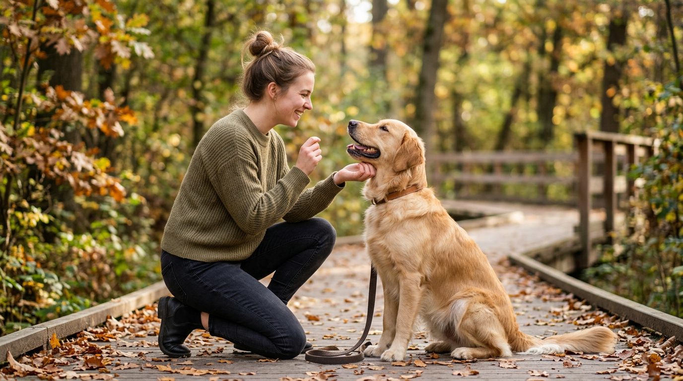 Homme souriant et son chien se regardant complice, design moderne pour apprendre à communiquer avec son chien.