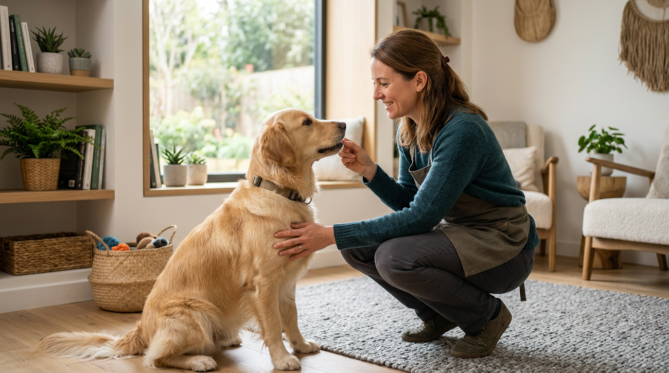 Modern professional office setting with a dog and cat, representing animal behaviorist services.