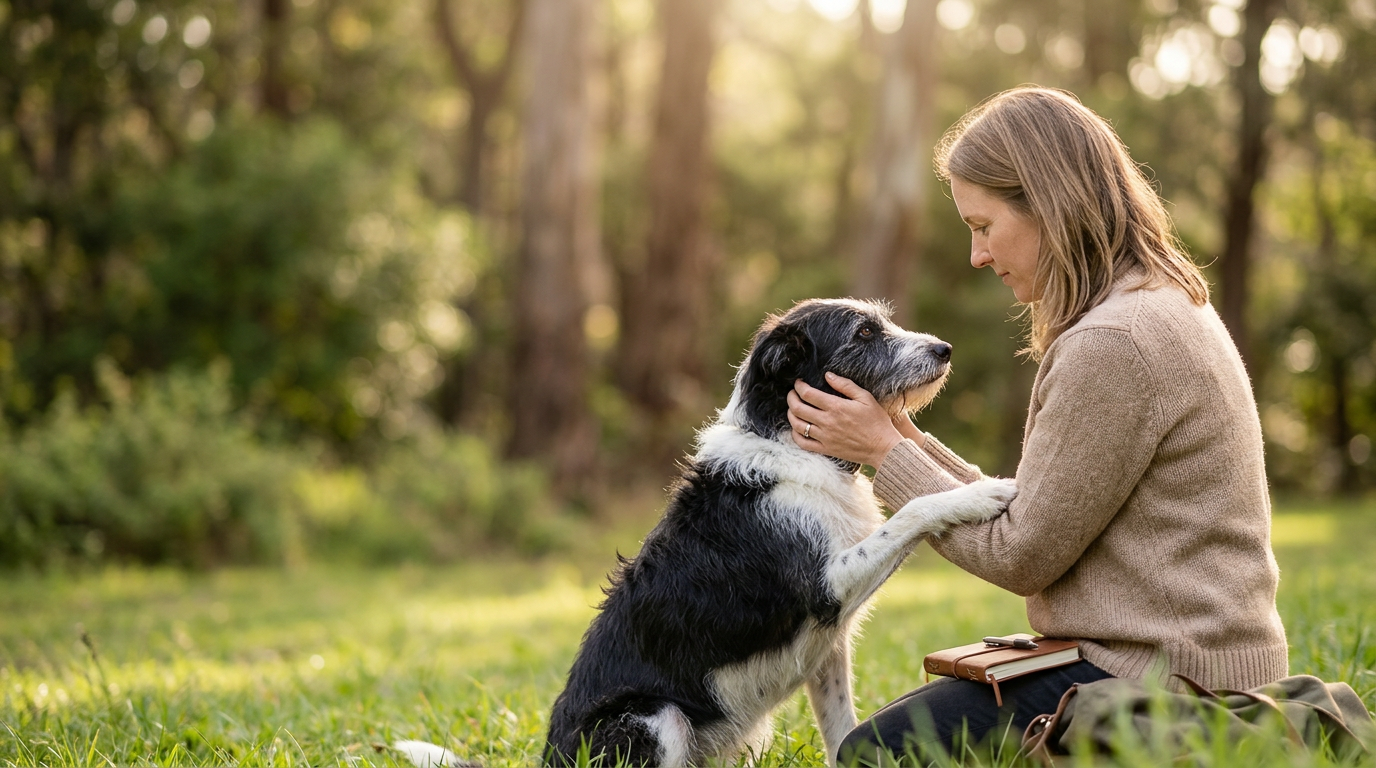 Modern digital illustration of a missing dog with a speech bubble for animal communication blog cover.