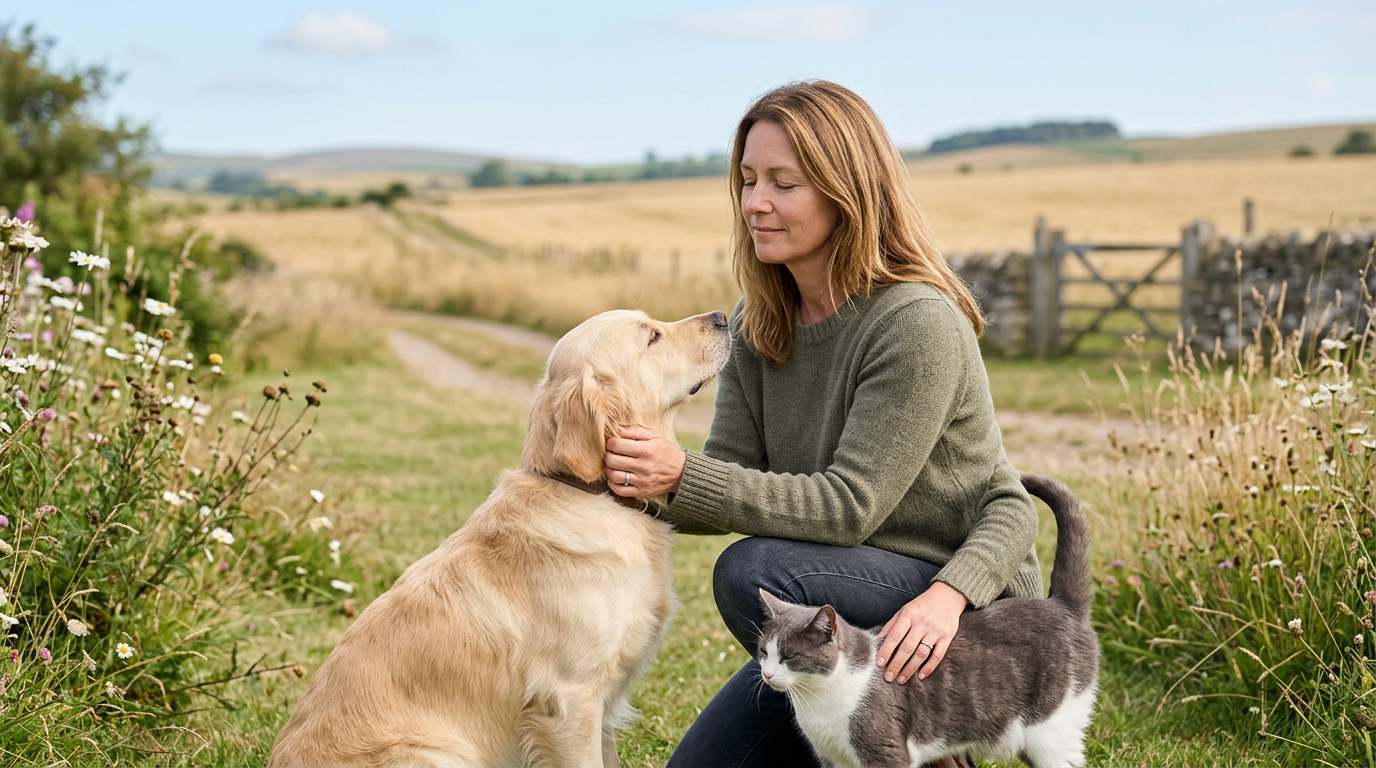 Professional animal communicator using intuition to locate a lost cat, clean and modern blog cover design.
