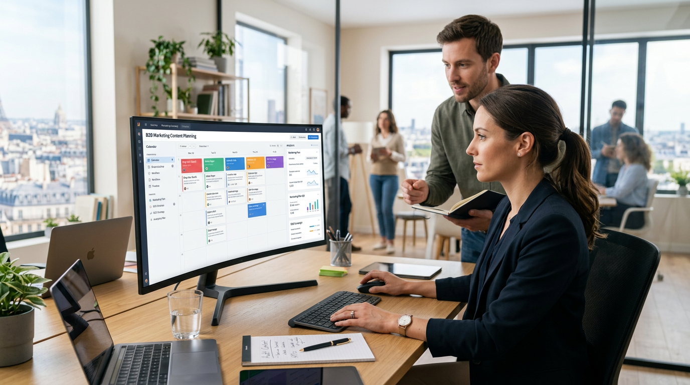 Espace de travail moderne avec logiciel de planification de contenu marketing B2B sur écran d'ordinateur portable.